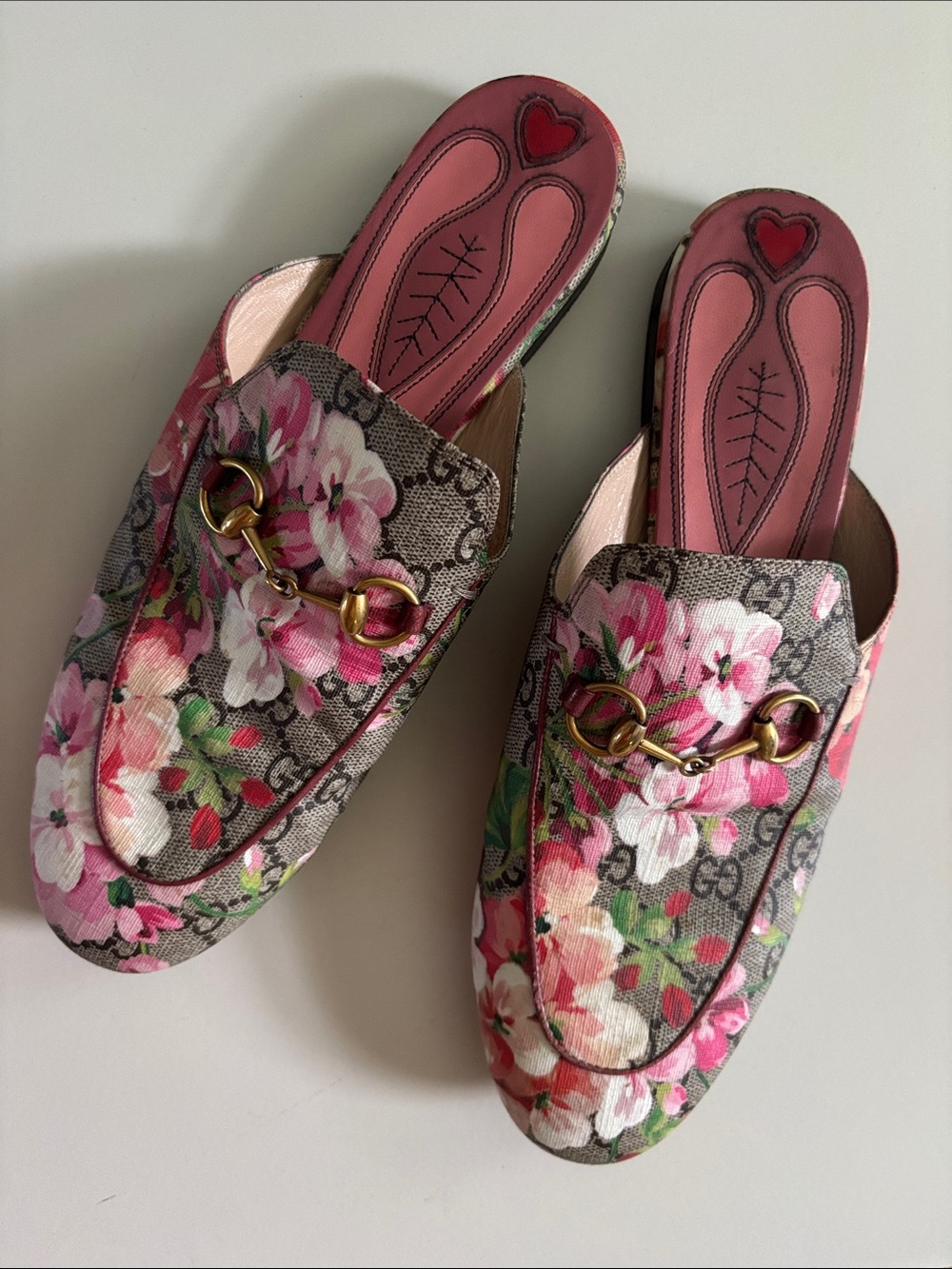 Gucci Blooms Horsebit Princetown Mules GG Floral Canvas Leather Slip On Pink Tan - Picture 17 of 17